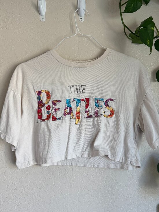 Beetles Tops - The Beatles Embroidered Floral Graphic Crop Tee Cream Women’s XXS